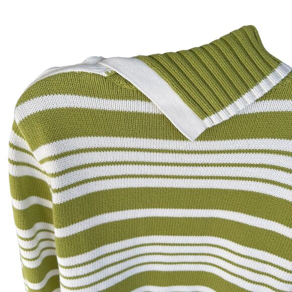 Green Ivory Stripe Sweater Womens Large Nautical Knit Buttons Classic Preppy Vtg - Picture 9 of 13